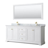 Wyndham Collection - Avery 80 Inch Double Bathroom Vanity in White, White Carrara Marble Countertop, Undermount Square Sinks, 70 Inch Mirror, Brushed Gold Trim