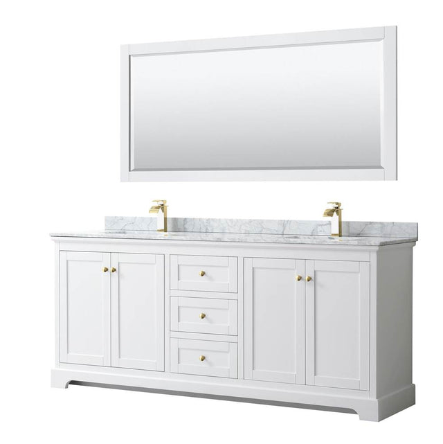 Wyndham Collection - Avery 80 Inch Double Bathroom Vanity in White, White Carrara Marble Countertop, Undermount Square Sinks, 70 Inch Mirror, Brushed Gold Trim