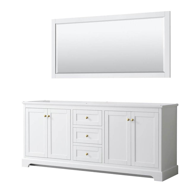 Wyndham Collection - Avery 80 Inch Double Bathroom Vanity in White, No Countertop, No Sinks, 70 Inch Mirror, Brushed Gold Trim