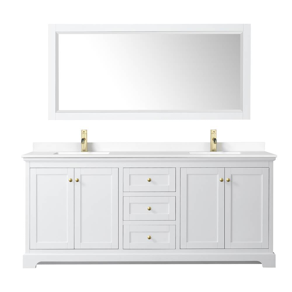 Avery 80 Inch Double Bathroom Vanity in White, White Cultured Marble Countertop, Undermount Square Sinks, Brushed Gold Trim