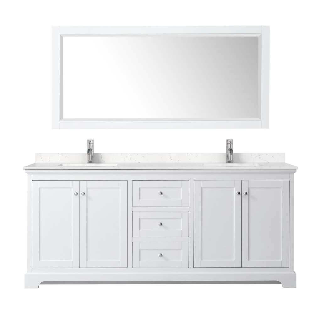 Avery 80 Inch Double Bathroom Vanity in White, Carrara Cultured Marble Countertop, Undermount Square Sinks, 70 Inch Mirror