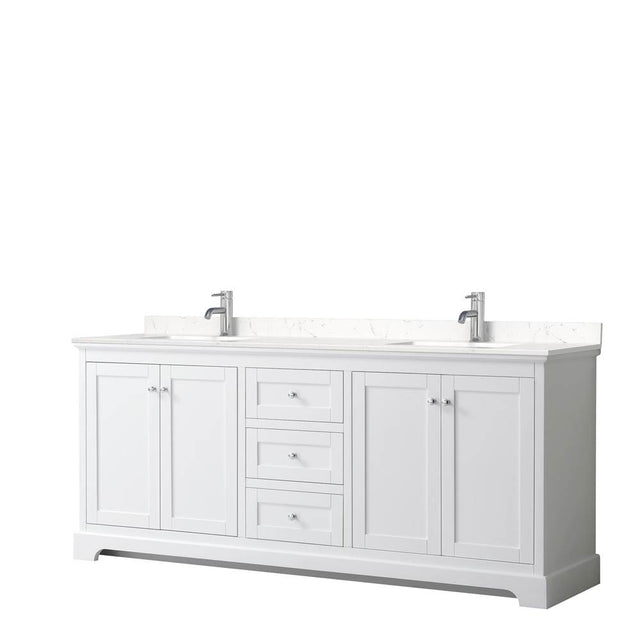 Wyndham Collection - Avery 80 Inch Double Bathroom Vanity in White, Carrara Cultured Marble Countertop, Undermount Square Sinks, No Mirror