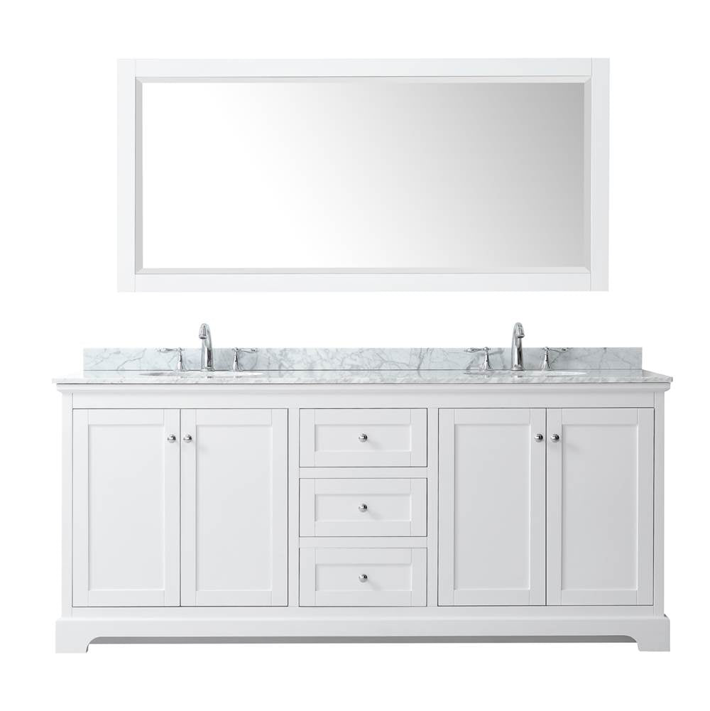 Avery 80 Inch Double Bathroom Vanity in Dark Blue, White Carrara Marble Countertop, Undermount Oval Sinks, and 70 Inch Mirror