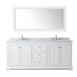 Avery 80 Inch Double Bathroom Vanity in Dark Blue, White Carrara Marble Countertop, Undermount Oval Sinks, and 70 Inch Mirror