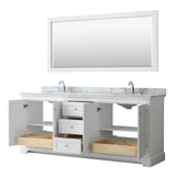 Avery 80 Inch Double Bathroom Vanity in Dark Blue, White Carrara Marble Countertop, Undermount Oval Sinks, and 70 Inch Mirror