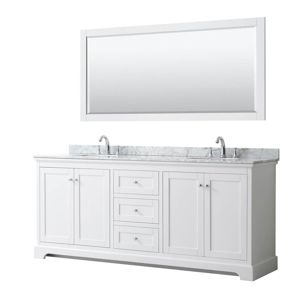 Wyndham Collection - Avery 80 Inch Double Bathroom Vanity in White, White Carrara Marble Countertop, Undermount Oval Sinks, and 70 Inch Mirror - White