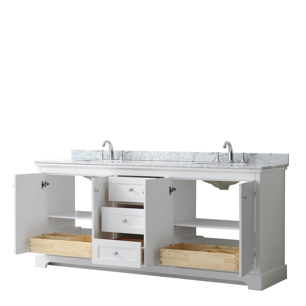 Avery 80 Inch Double Bathroom Vanity in Dark Blue, White Carrara Marble Countertop, Undermount Oval Sinks, and No Mirror