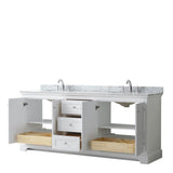 Avery 80 Inch Double Bathroom Vanity in Dark Blue, White Carrara Marble Countertop, Undermount Oval Sinks, and No Mirror