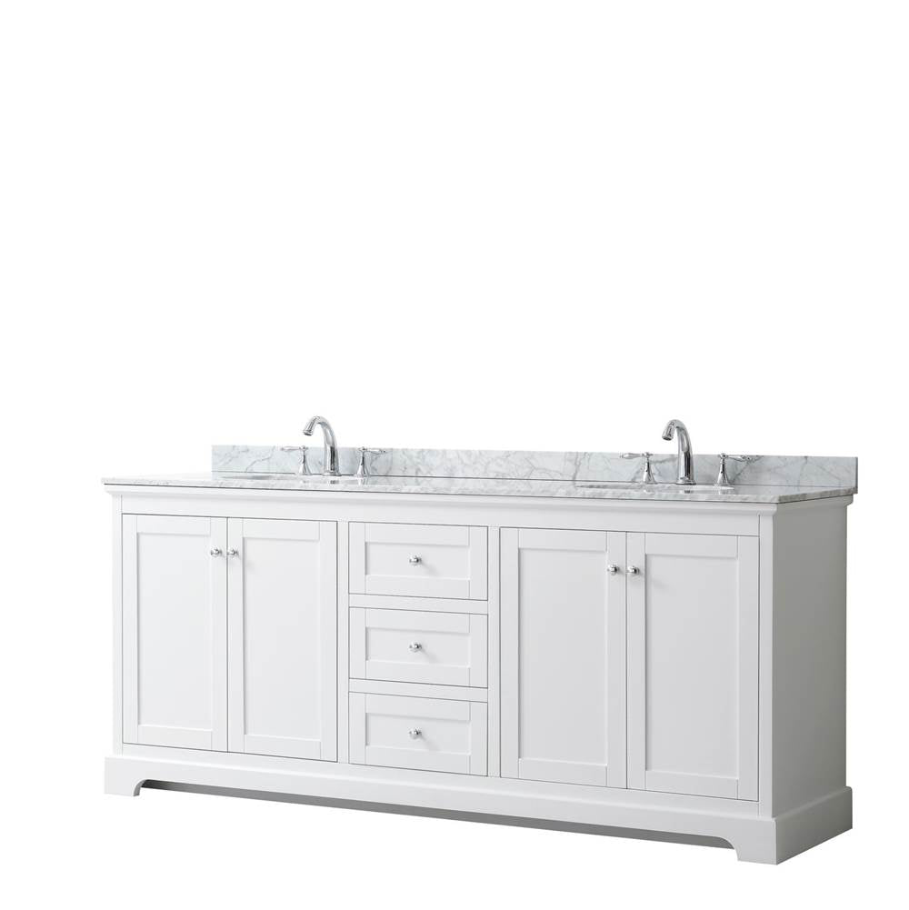 Wyndham Collection - Avery 80 Inch Double Bathroom Vanity in White, White Carrara Marble Countertop, Undermount Oval Sinks, and No Mirror - White