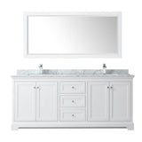 Avery 80 Inch Double Bathroom Vanity in Dark Blue, White Carrara Marble Countertop, Undermount Square Sinks, and 70 Inch Mirror