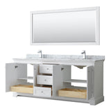 Avery 80 Inch Double Bathroom Vanity in Dark Blue, White Carrara Marble Countertop, Undermount Square Sinks, and 70 Inch Mirror