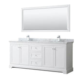 Wyndham Collection - Avery 80 Inch Double Bathroom Vanity in White, White Carrara Marble Countertop, Undermount Square Sinks, and 70 Inch Mirror - White