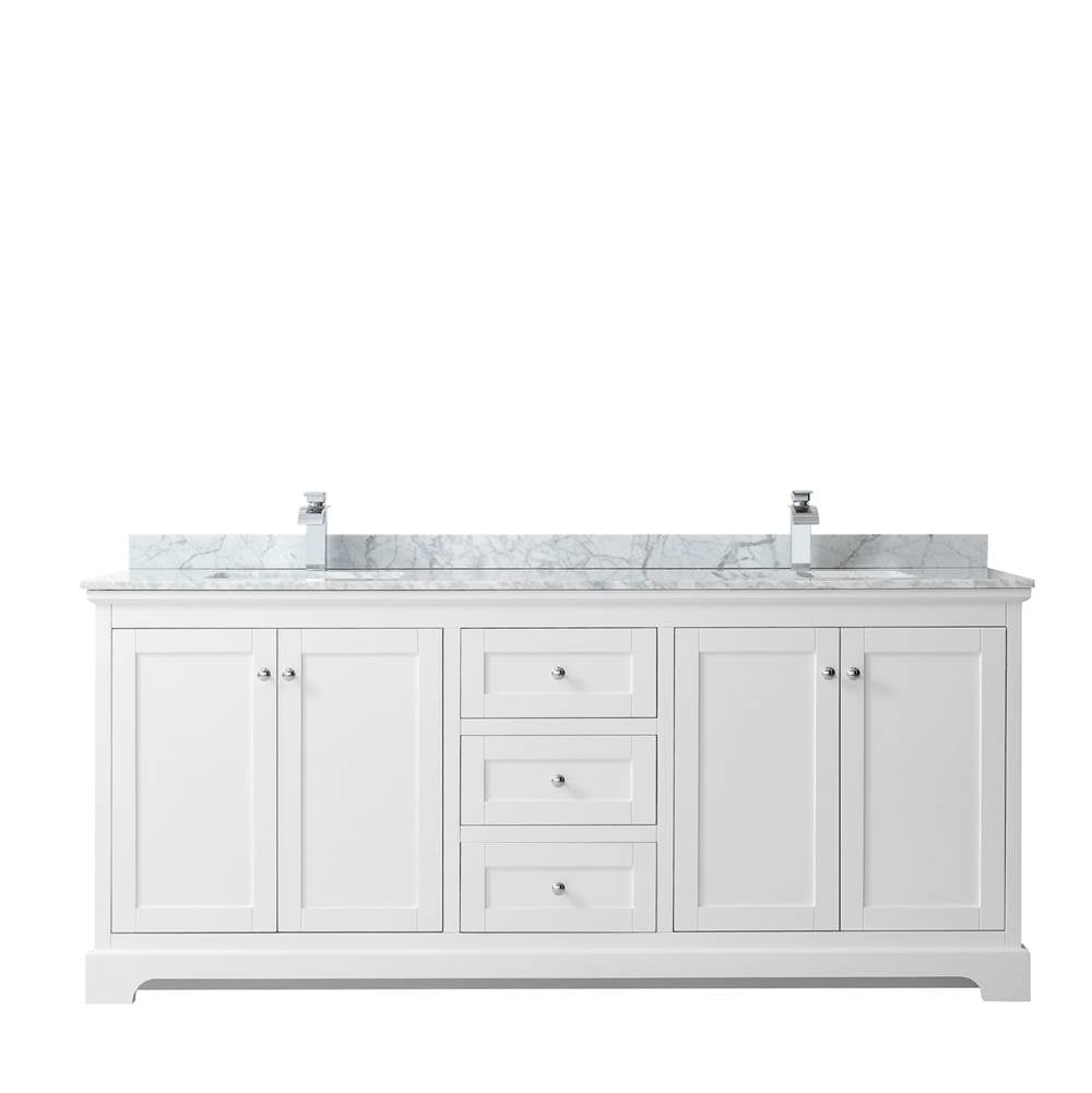 Avery 80 Inch Double Bathroom Vanity in Dark Blue, White Carrara Marble Countertop, Undermount Square Sinks, and No Mirror