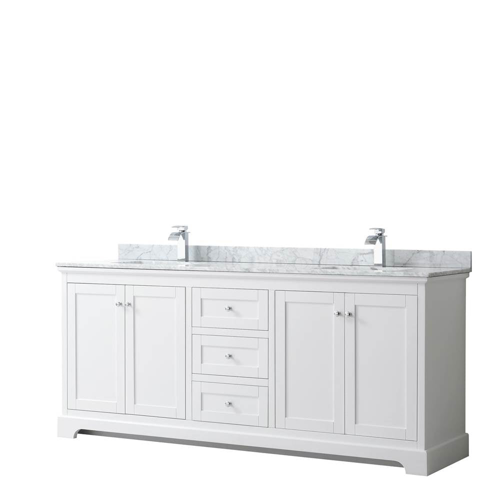 Wyndham Collection - Avery 80 Inch Double Bathroom Vanity in White, White Carrara Marble Countertop, Undermount Square Sinks, and No Mirror - White