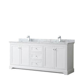 Wyndham Collection - Avery 80 Inch Double Bathroom Vanity in White, White Carrara Marble Countertop, Undermount Square Sinks, and No Mirror - White