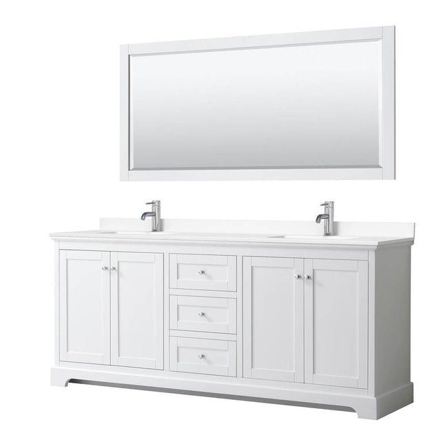Wyndham Collection - Avery 80 Inch Double Bathroom Vanity in White, White Cultured Marble Countertop, Undermount Square Sinks, 70 Inch Mirror