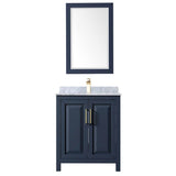 Daria 30 Inch Single Bathroom Vanity in Dark Blue, White Carrara Marble Countertop, Undermount Square Sink, 24 Inch Mirror