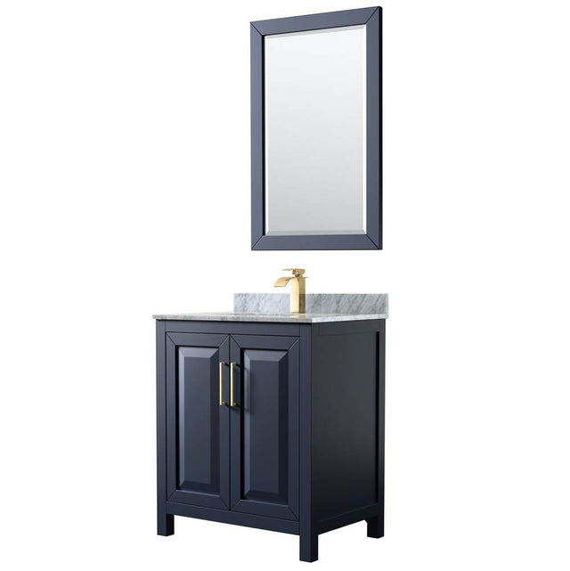 Wyndham Collection - Daria 30 Inch Single Bathroom Vanity in Dark Blue, White Carrara Marble Countertop, Undermount Square Sink, 24 Inch Mirror - Dark Blue