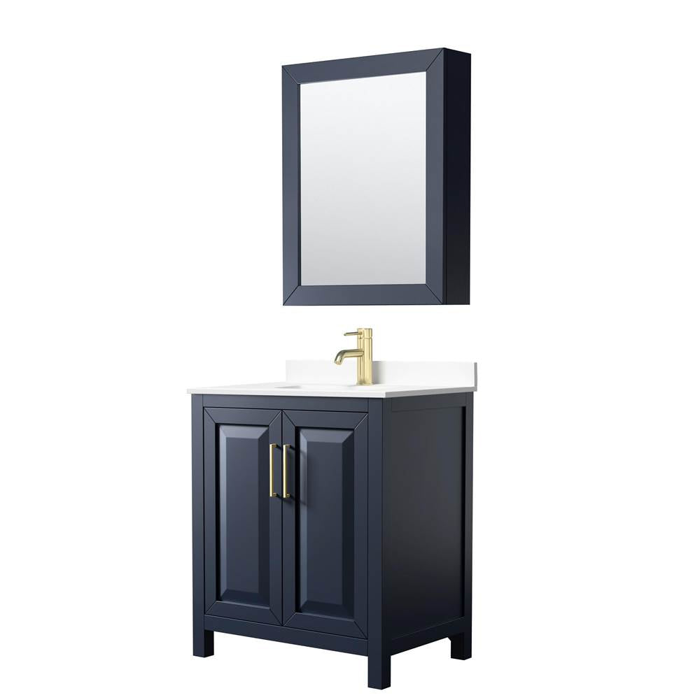 Wyndham Collection - Daria 30 Inch Single Bathroom Vanity in Dark Blue, White Cultured Marble Countertop, Undermount Square Sink, Medicine Cabinet