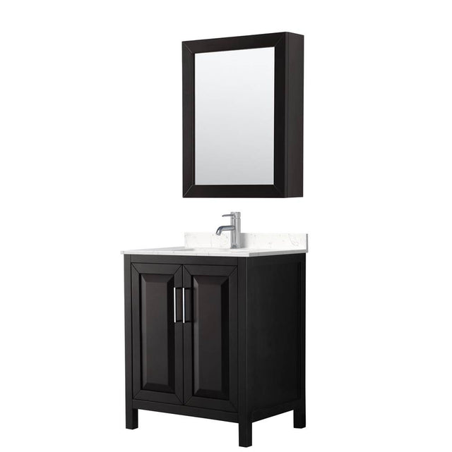 Wyndham Collection - Daria 30 Inch Single Bathroom Vanity in Dark Espresso, Carrara Cultured Marble Countertop, Undermount Square Sink, Medicine Cabinet