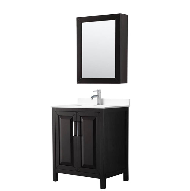 Wyndham Collection - Daria 30 Inch Single Bathroom Vanity in Dark Espresso, White Cultured Marble Countertop, Undermount Square Sink, Medicine Cabinet