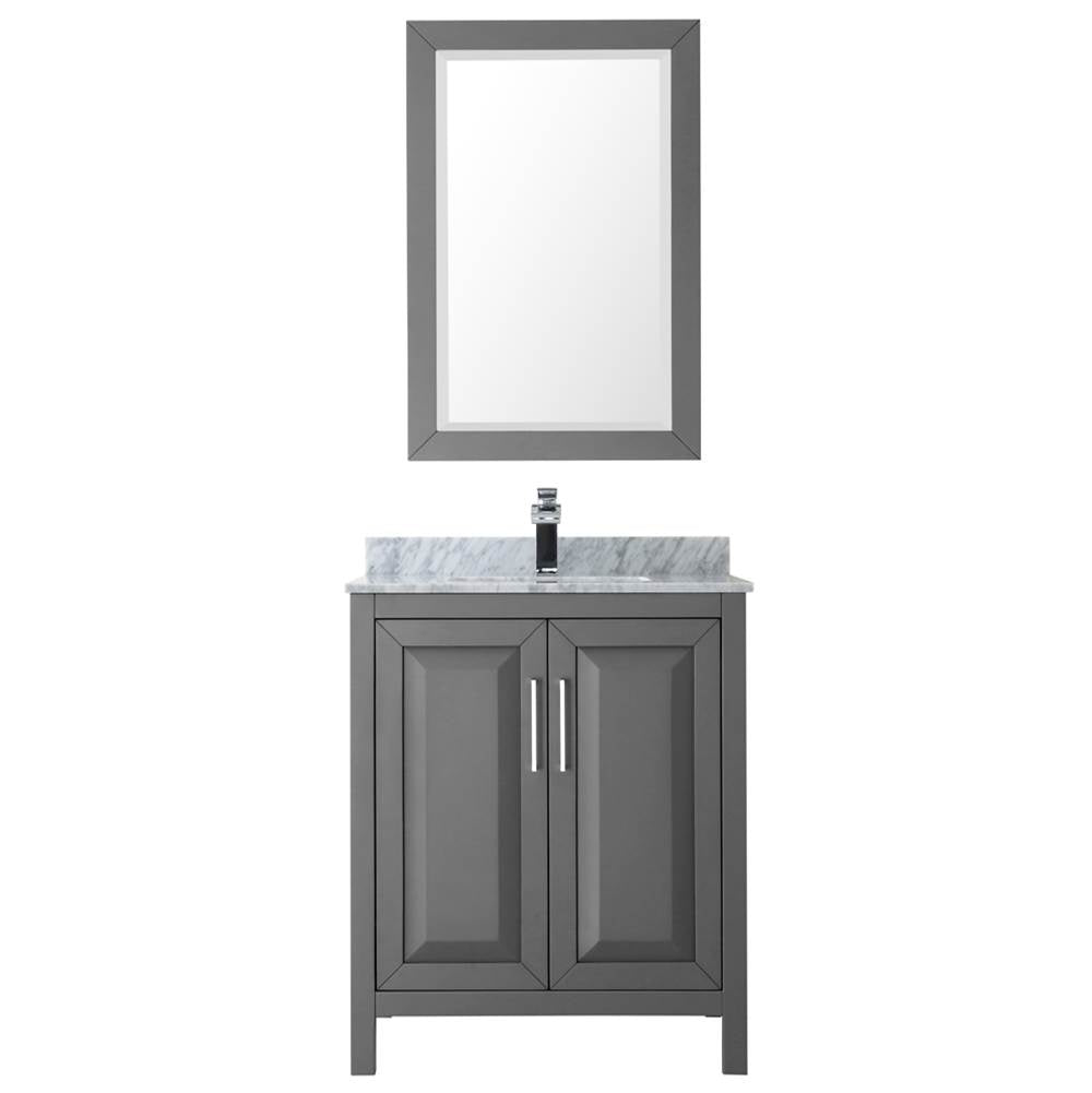Daria 30 Inch Single Bathroom Vanity in Dark Blue, White Carrara Marble Countertop, Undermount Square Sink, 24 Inch Mirror