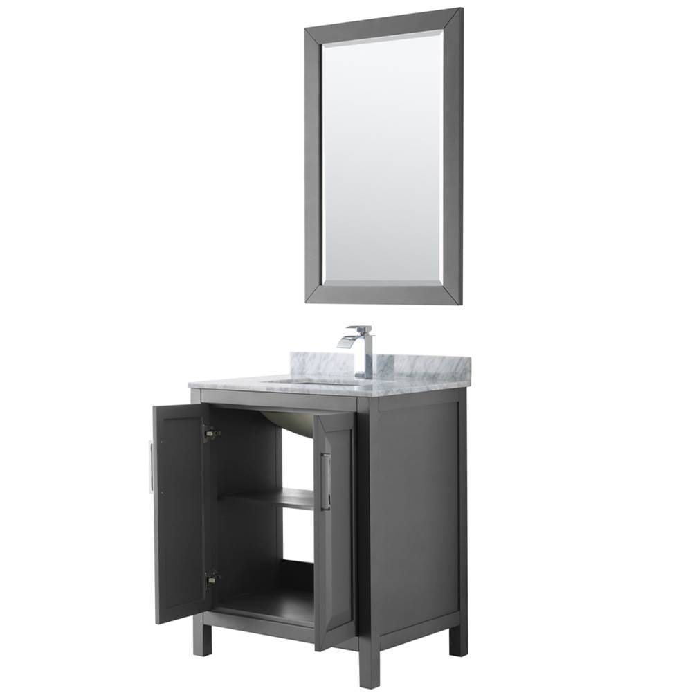 Daria 30 Inch Single Bathroom Vanity in Dark Blue, White Carrara Marble Countertop, Undermount Square Sink, 24 Inch Mirror