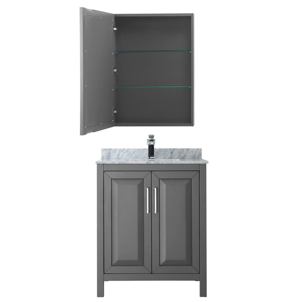 Daria 30 Inch Single Bathroom Vanity in Dark Blue, White Carrara Marble Countertop, Undermount Square Sink, Medicine Cabinet