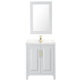 Daria 30 Inch Single Bathroom Vanity in White, Carrara Cultured Marble Countertop, Undermount Square Sink, 24 Inch Mirror, Brushed Gold Trim
