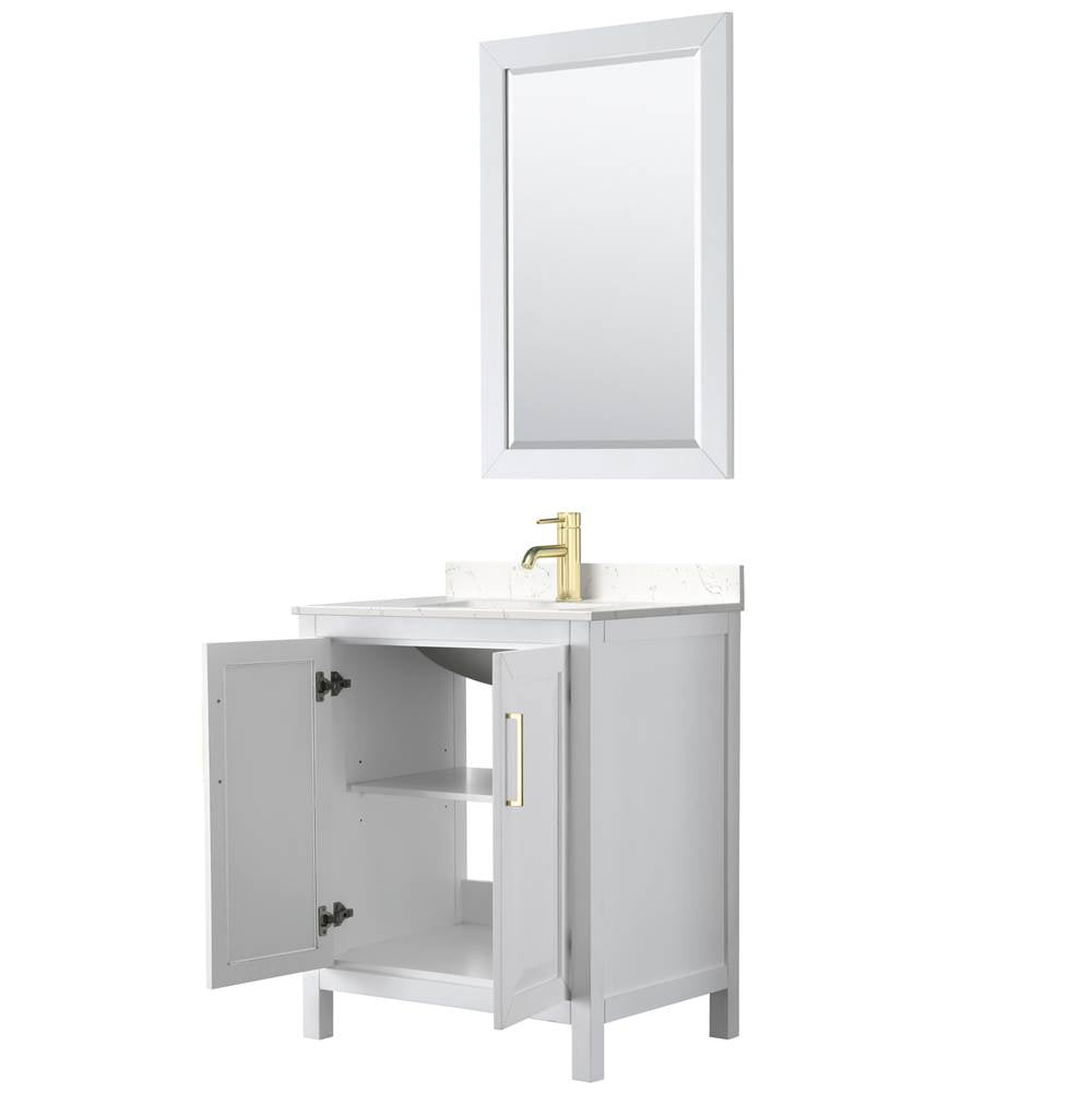 Daria 30 Inch Single Bathroom Vanity in White, Carrara Cultured Marble Countertop, Undermount Square Sink, 24 Inch Mirror, Brushed Gold Trim