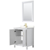 Daria 30 Inch Single Bathroom Vanity in White, Carrara Cultured Marble Countertop, Undermount Square Sink, 24 Inch Mirror, Brushed Gold Trim