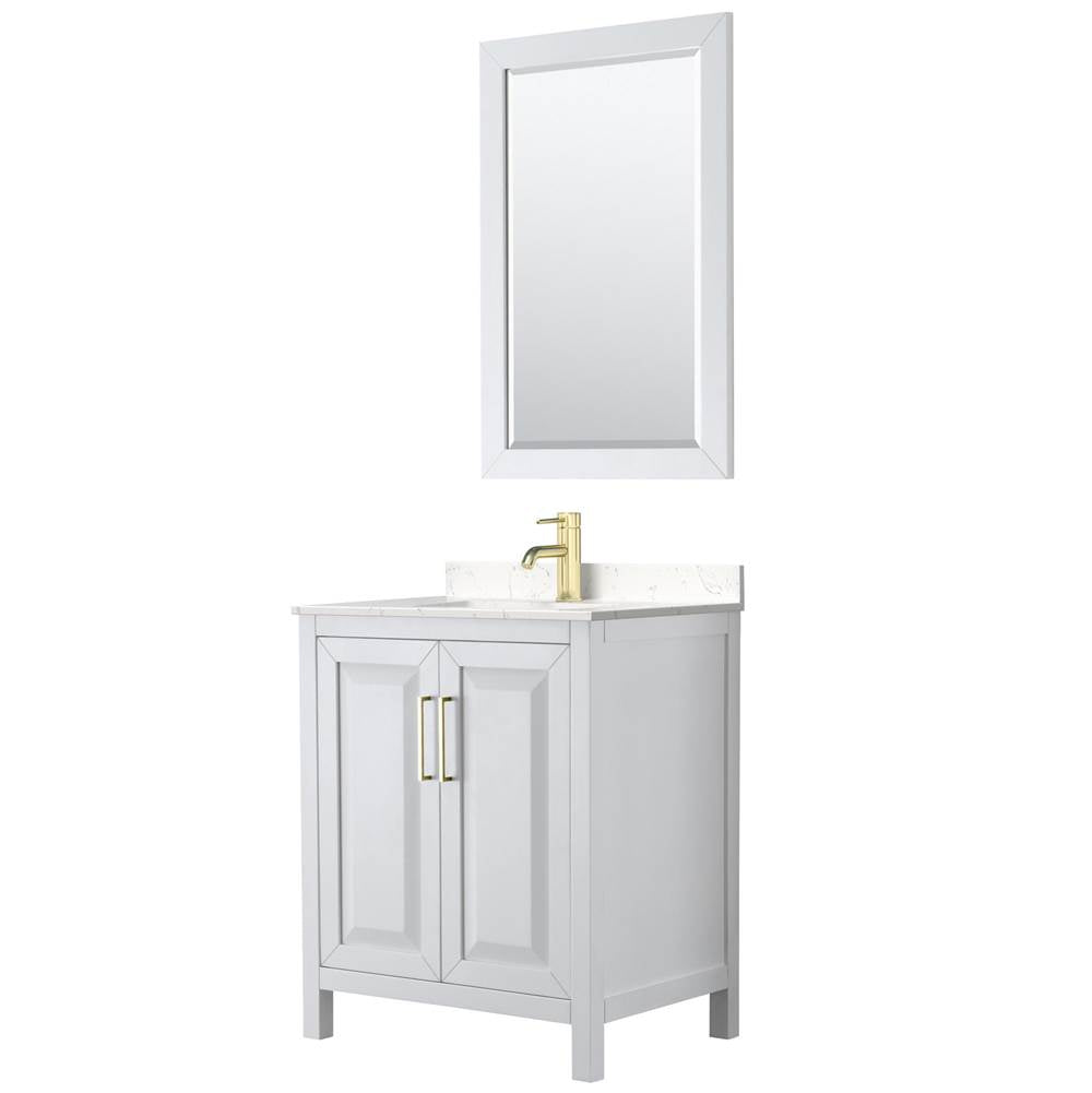 Wyndham Collection - Daria 30 Inch Single Bathroom Vanity in White, Carrara Cultured Marble Countertop, Undermount Square Sink, 24 Inch Mirror, Brushed Gold Trim