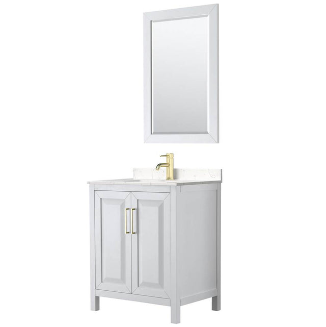 Wyndham Collection - Daria 30 Inch Single Bathroom Vanity in White, Carrara Cultured Marble Countertop, Undermount Square Sink, 24 Inch Mirror, Brushed Gold Trim