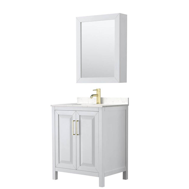 Wyndham Collection - Daria 30 Inch Single Bathroom Vanity in White, Carrara Cultured Marble Countertop, Undermount Square Sink, Medicine Cabinet, Brushed Gold Trim
