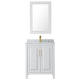 Daria 30 Inch Single Bathroom Vanity in White, White Carrara Marble Countertop, Undermount Square Sink, 24 Inch Mirror, Brushed Gold Trim