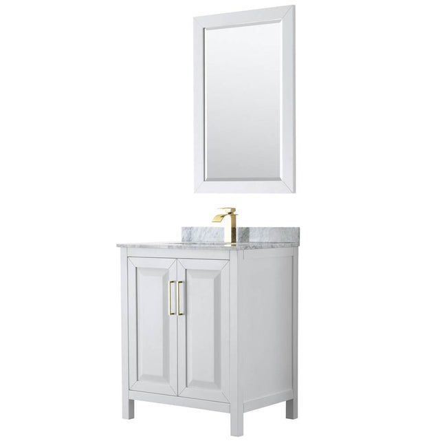 Wyndham Collection - Daria 30 Inch Single Bathroom Vanity in White, White Carrara Marble Countertop, Undermount Square Sink, 24 Inch Mirror, Brushed Gold Trim