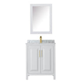 Daria 30 Inch Single Bathroom Vanity in White, White Carrara Marble Countertop, Undermount Square Sink, Medicine Cabinet, Brushed Gold Trim