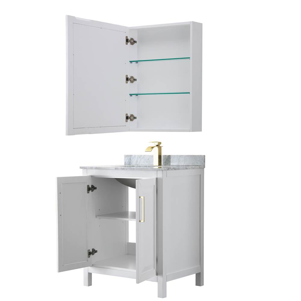 Daria 30 Inch Single Bathroom Vanity in White, White Carrara Marble Countertop, Undermount Square Sink, Medicine Cabinet, Brushed Gold Trim