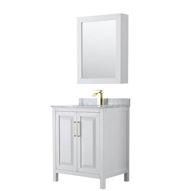 Wyndham Collection - Daria 30 Inch Single Bathroom Vanity in White, White Carrara Marble Countertop, Undermount Square Sink, Medicine Cabinet, Brushed Gold Trim