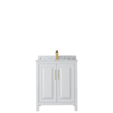 Daria 30 Inch Single Bathroom Vanity in White, White Carrara Marble Countertop, Undermount Square Sink, Brushed Gold Trim