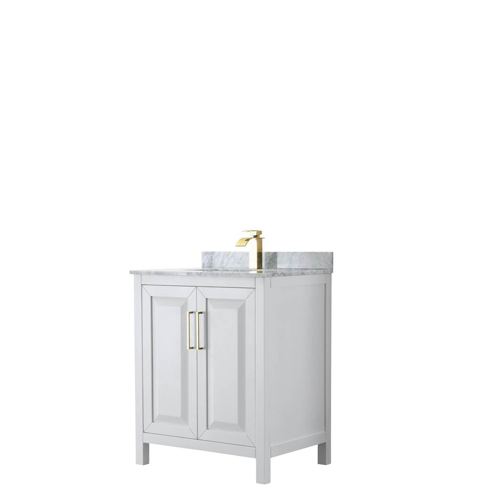 Wyndham Collection - Daria 30 Inch Single Bathroom Vanity in White, White Carrara Marble Countertop, Undermount Square Sink, Brushed Gold Trim
