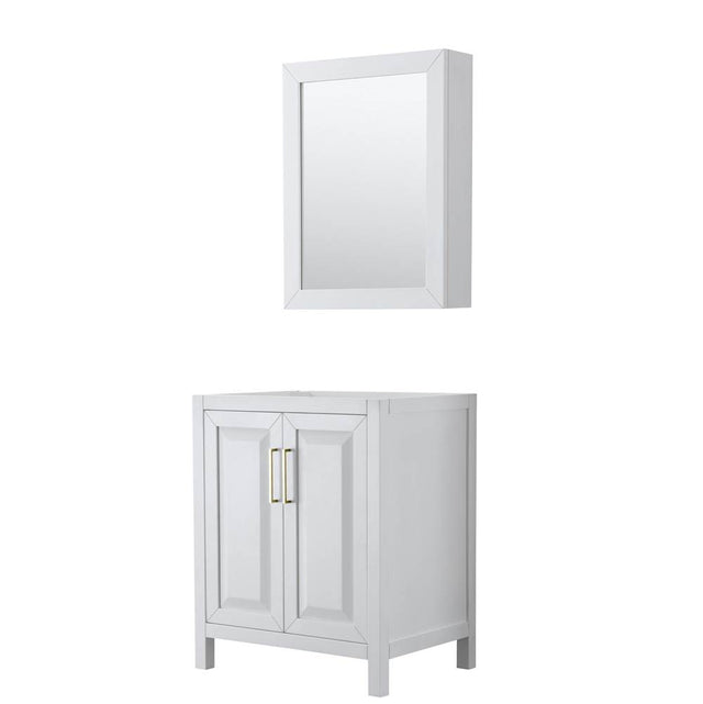 Wyndham Collection - Daria 30 Inch Single Bathroom Vanity in White, No Countertop, No Sink, Medicine Cabinet, Brushed Gold Trim