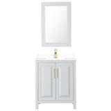Daria 30 Inch Single Bathroom Vanity in White, White Cultured Marble Countertop, Undermount Square Sink, 24 Inch Mirror, Brushed Gold Trim