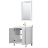 Daria 30 Inch Single Bathroom Vanity in White, White Cultured Marble Countertop, Undermount Square Sink, 24 Inch Mirror, Brushed Gold Trim