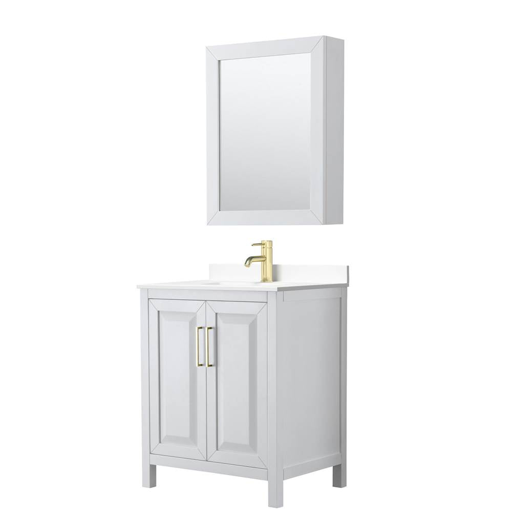 Wyndham Collection - Daria 30 Inch Single Bathroom Vanity in White, White Cultured Marble Countertop, Undermount Square Sink, Medicine Cabinet, Brushed Gold Trim