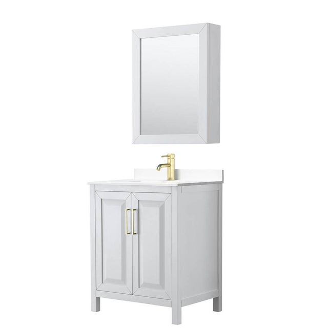 Wyndham Collection - Daria 30 Inch Single Bathroom Vanity in White, White Cultured Marble Countertop, Undermount Square Sink, Medicine Cabinet, Brushed Gold Trim