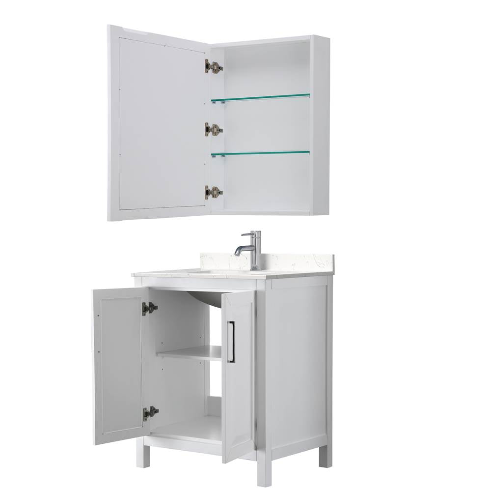Daria 30 Inch Single Bathroom Vanity in White, Carrara Cultured Marble Countertop, Undermount Square Sink, Medicine Cabinet