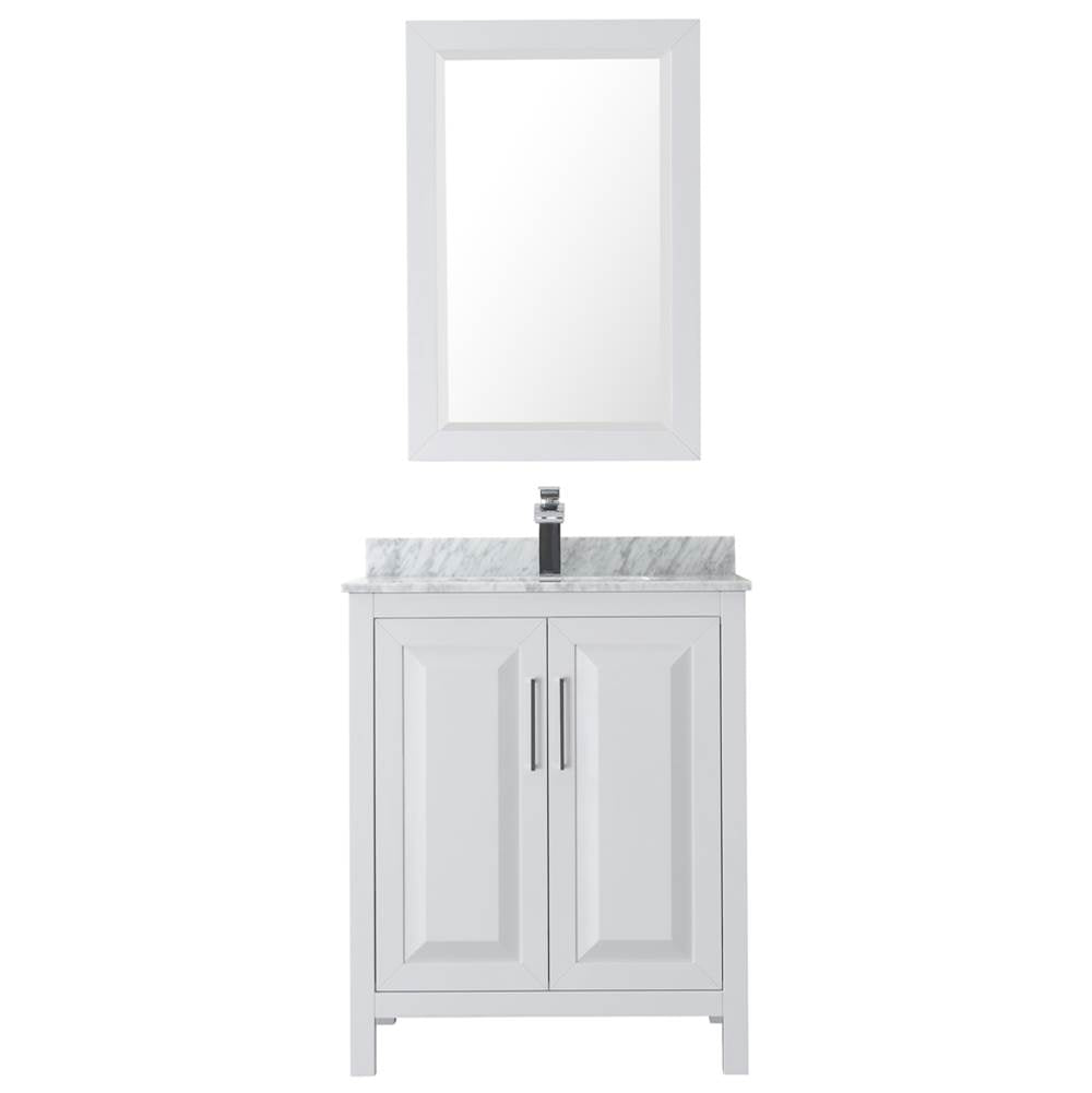 Daria 30 Inch Single Bathroom Vanity in Dark Blue, White Carrara Marble Countertop, Undermount Square Sink, 24 Inch Mirror