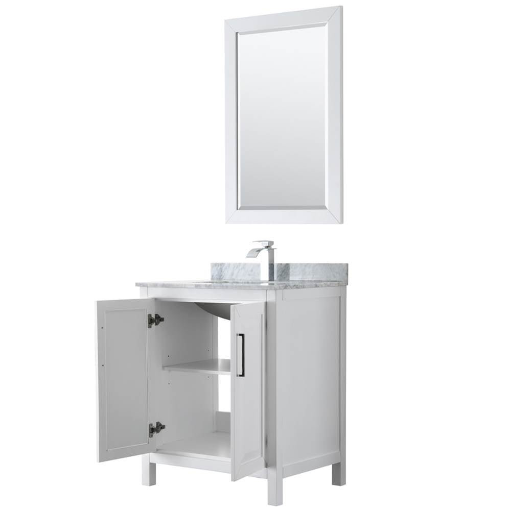 Daria 30 Inch Single Bathroom Vanity in Dark Blue, White Carrara Marble Countertop, Undermount Square Sink, 24 Inch Mirror