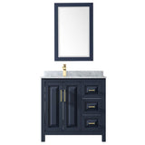 Daria 36 Inch Single Bathroom Vanity in Dark Blue, White Carrara Marble Countertop, Undermount Square Sink, 24 Inch Mirror